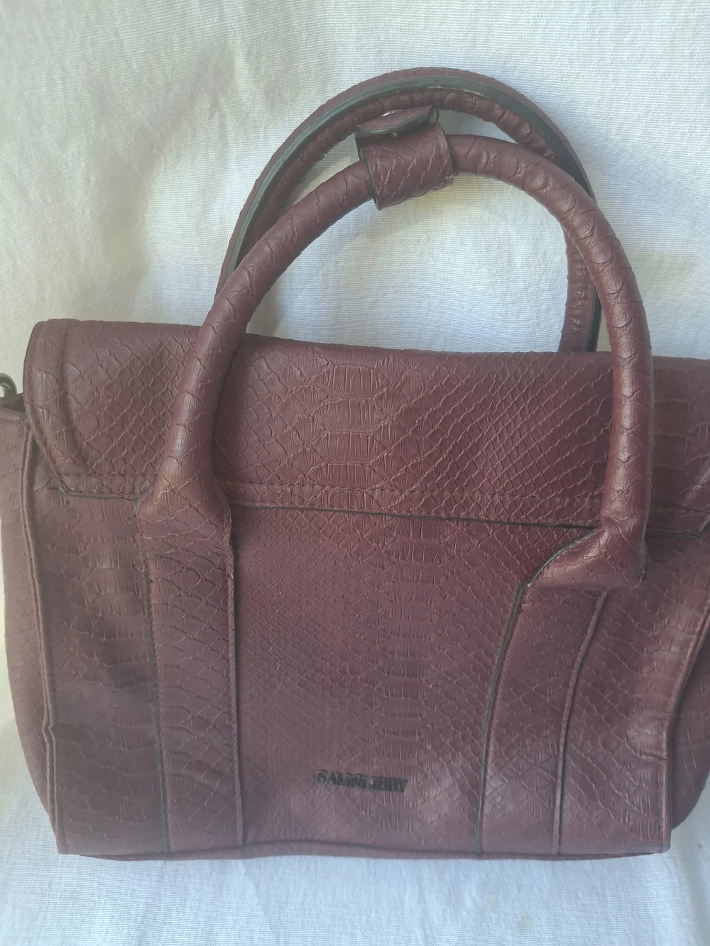Structured Satchel Bag in Burgundy Faux-Snake with Chain Accents